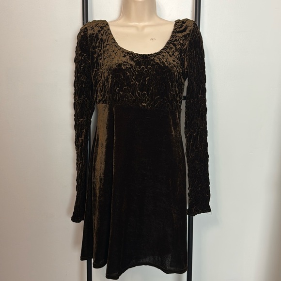 Vintage Dresses & Skirts - Vintage 90s MGR Velvet Empire Smocked Brown Mini Dress Women Size M